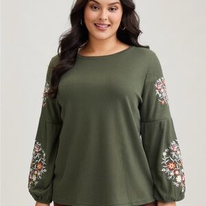 Waffle Knit Floral Embroidered Blouse Army Green Size 26
